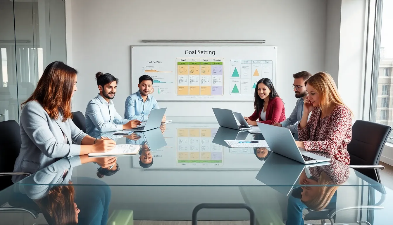 diverse team collaborating on employee goal setting in a modern office.
