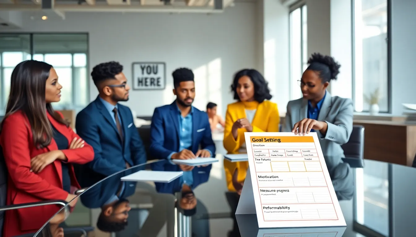 diverse team collaborating around a goal-setting worksheet in a modern office.