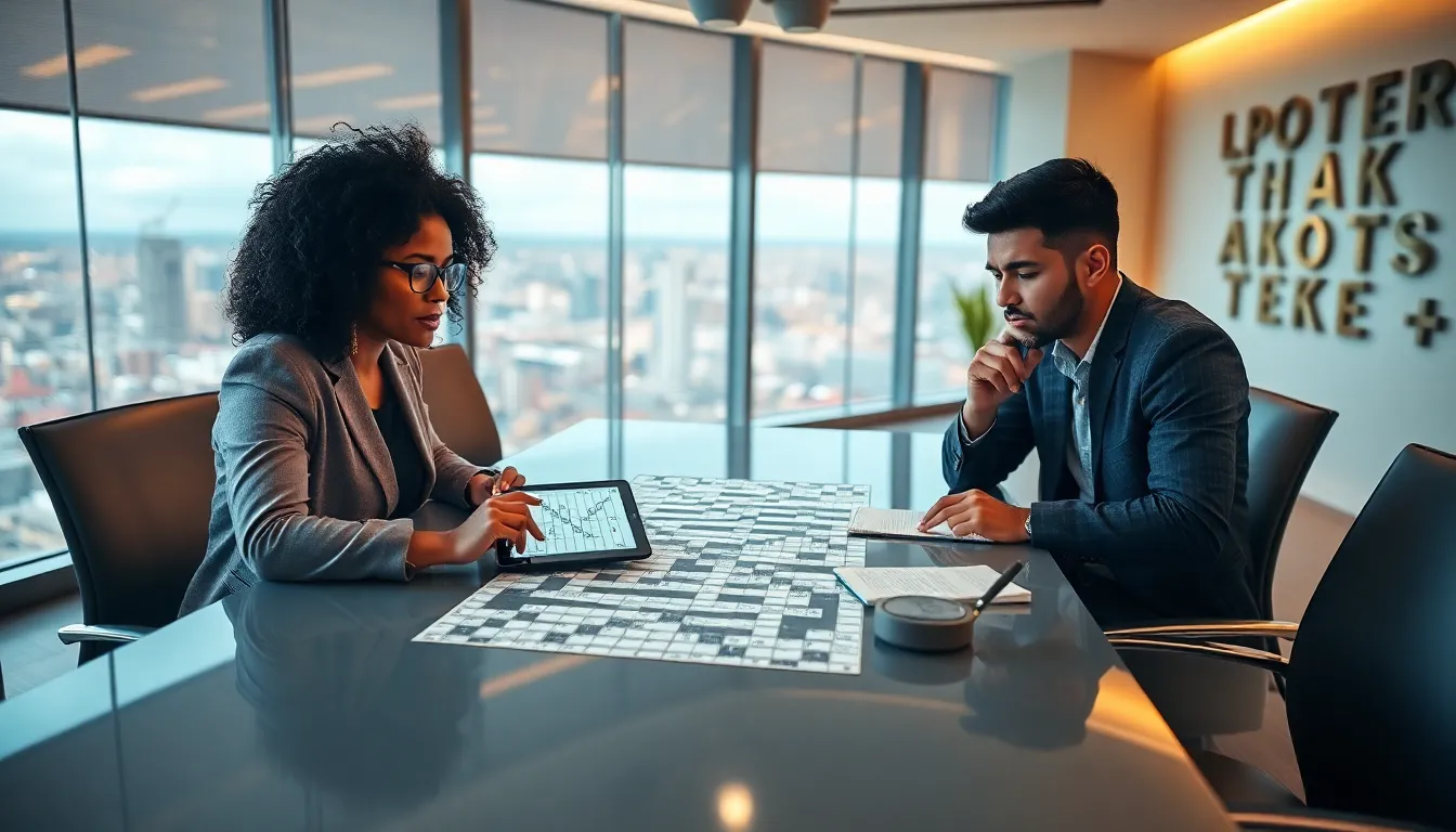 diverse group discussing crossword puzzles in a modern office.